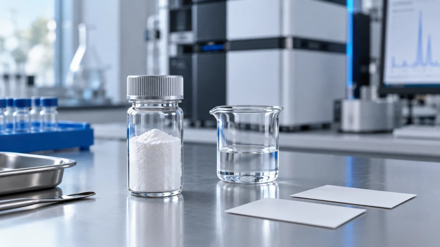 Sealed peptide vial beside analytical glassware and blank sample cards