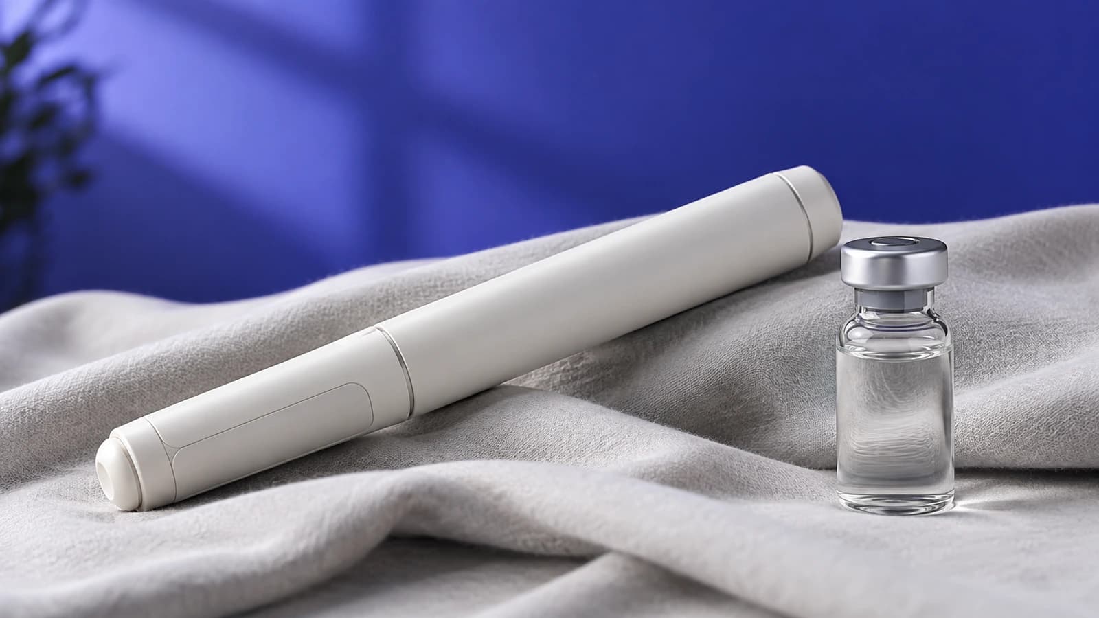 A plain capped pen-shaped device and a sealed glass vial on an indigo studio surface