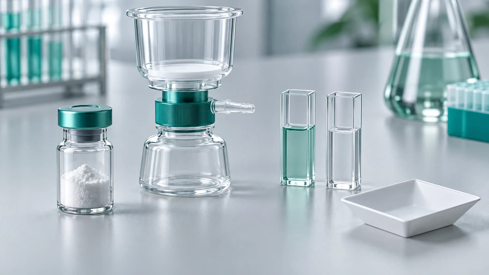 Sealed powder vial beside filtration glassware and cuvettes illustrating sample recovery
